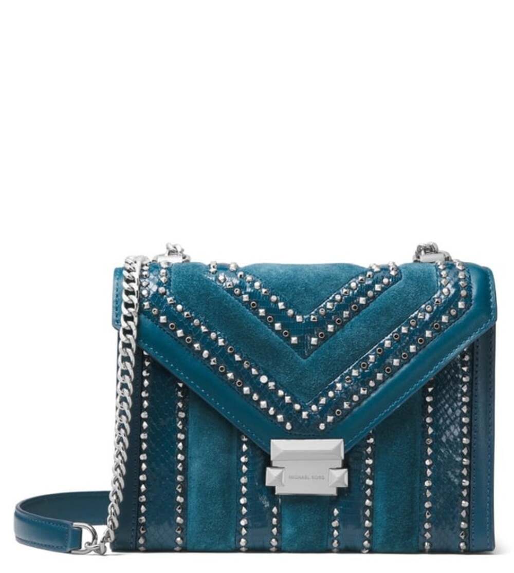 NWT Michael Michael Kors Whitney Leather Shoulder Bag Teal Chain Strap Studded